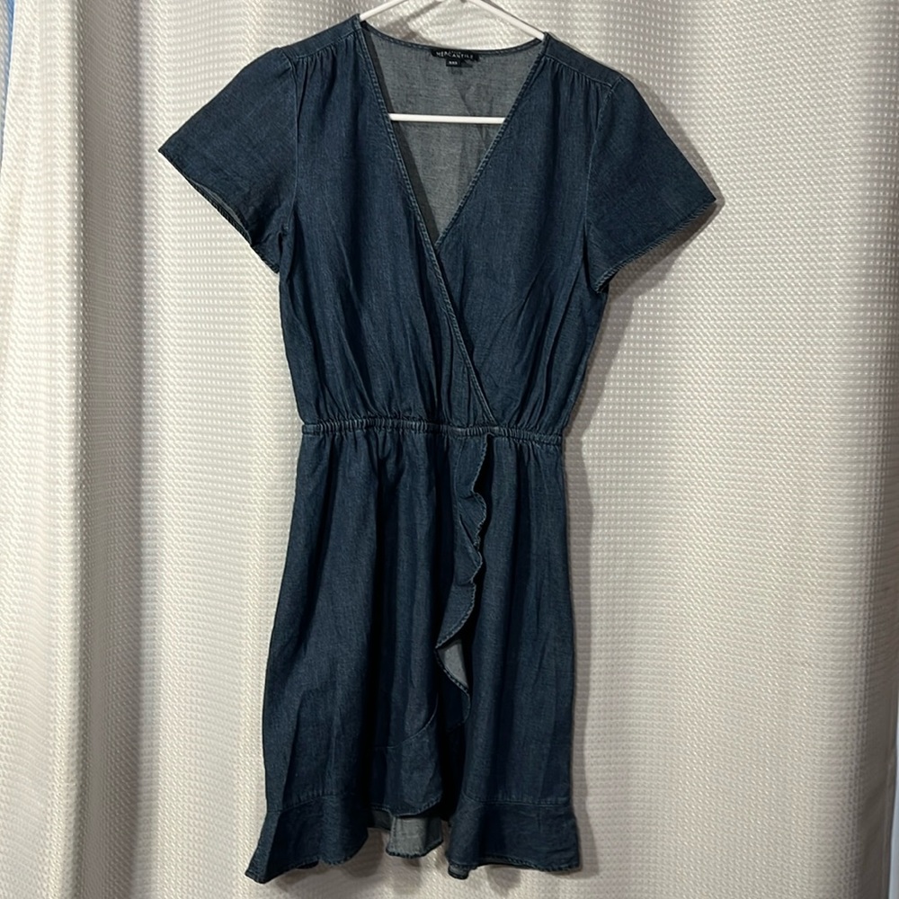 J. Crew Mercantile Denim Jean Ruffle Faux Wrap Dress Sz XXS - Picture 1 of 10